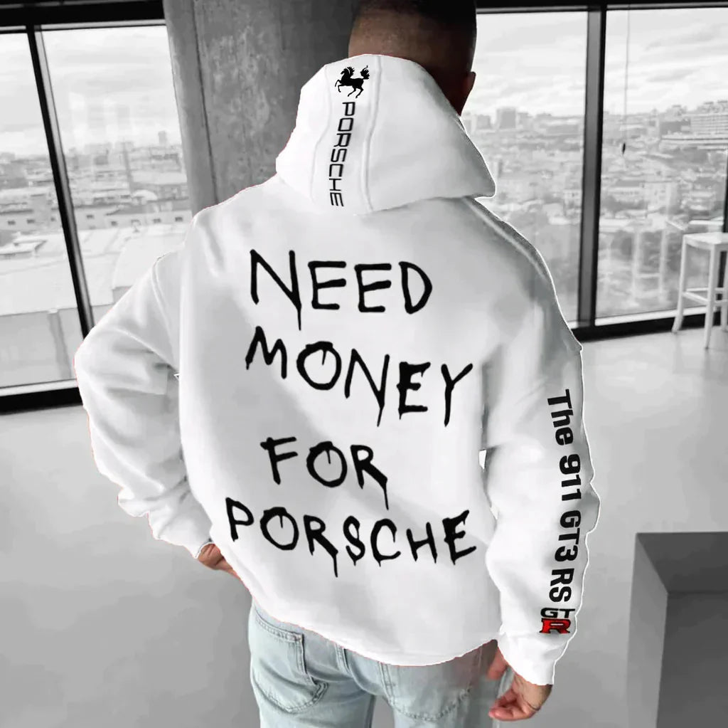 Hoodie | Car Print | Warm | Oversized Hoodie | Men's Clothing-Hoodies-Chaps of London-Need Money for Porsche White Hoodie-S-Chaps of London