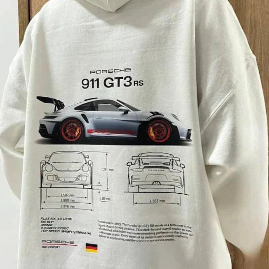 Hoodie | Car Print | Warm | Oversized Hoodie | Men's Clothing-Hoodies-Chaps of London-Porsche Gt3 White Hoodie-S-Chaps of London