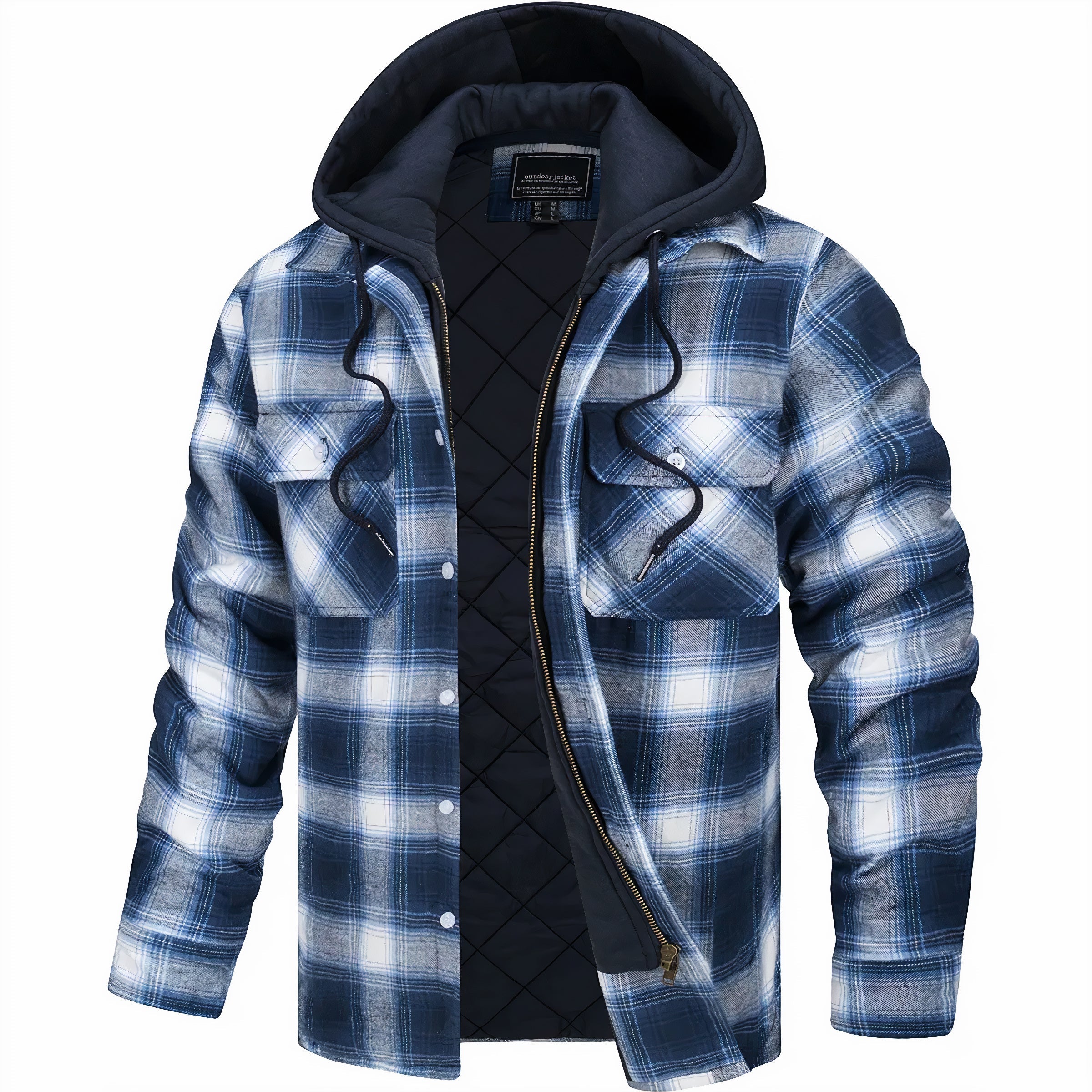 Hoodie Jacket - Plaid - Quilted Liner - Zip-Up Hoodie - Men's Jacket-Hoodie Jacket-Chaps of London-White-Blue-S-Chaps of London