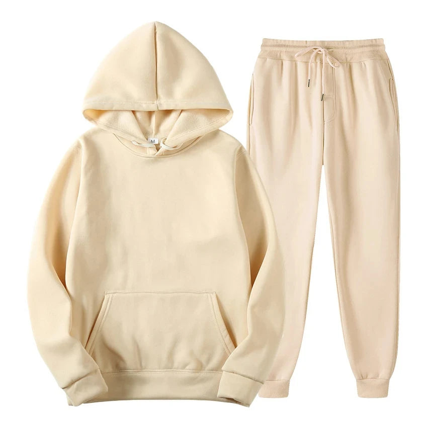 Hoodie Jogger Set - Drawstring - Two-Piece - Sweatsuit - Men's Clothing-Chaps of London-Beige-S-Chaps of London