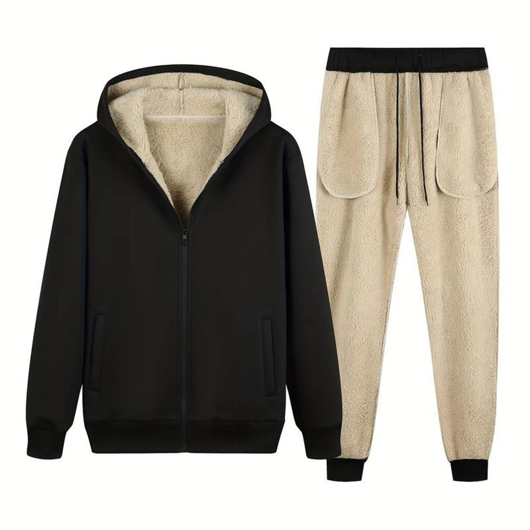 Hoodie Jogger Set | Zip-Up | Fur Lined | Two-Piece Set | Men's Clothing-Chaps of London-Black-S-Chaps of London