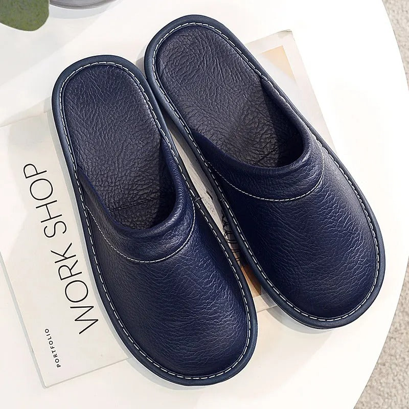 House Slippers - Unisex Faux Leather Slip On Indoor Slippers-Pantoffels-Chaps of London-Blue-35-Chaps of London