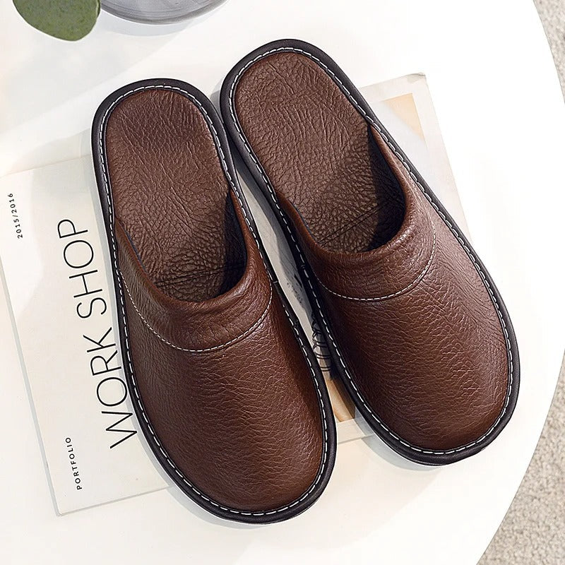 House Slippers - Unisex Faux Leather Slip On Indoor Slippers-Pantoffels-Chaps of London-Brown-35-Chaps of London