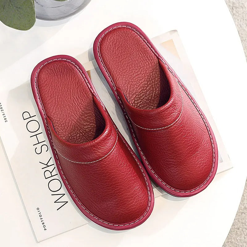 House Slippers - Unisex Faux Leather Slip On Indoor Slippers-Pantoffels-Chaps of London-Dark Red-35-Chaps of London
