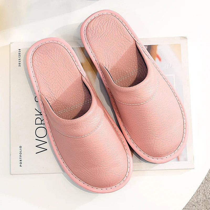 House Slippers - Unisex Faux Leather Slip On Indoor Slippers-Pantoffels-Chaps of London-Pink-35-Chaps of London