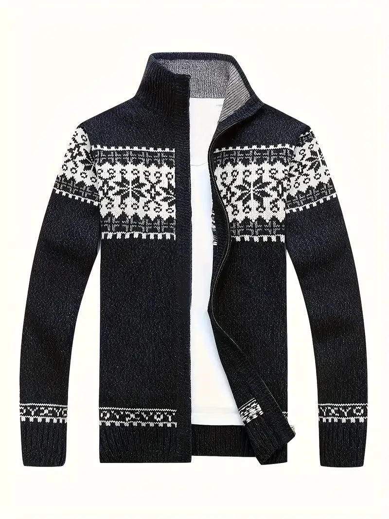 Knit Cardigan - Men's Warm Winter Snowflake Zip Cardigan-Cardigan-Chaps of London-Black-S-Chaps of London