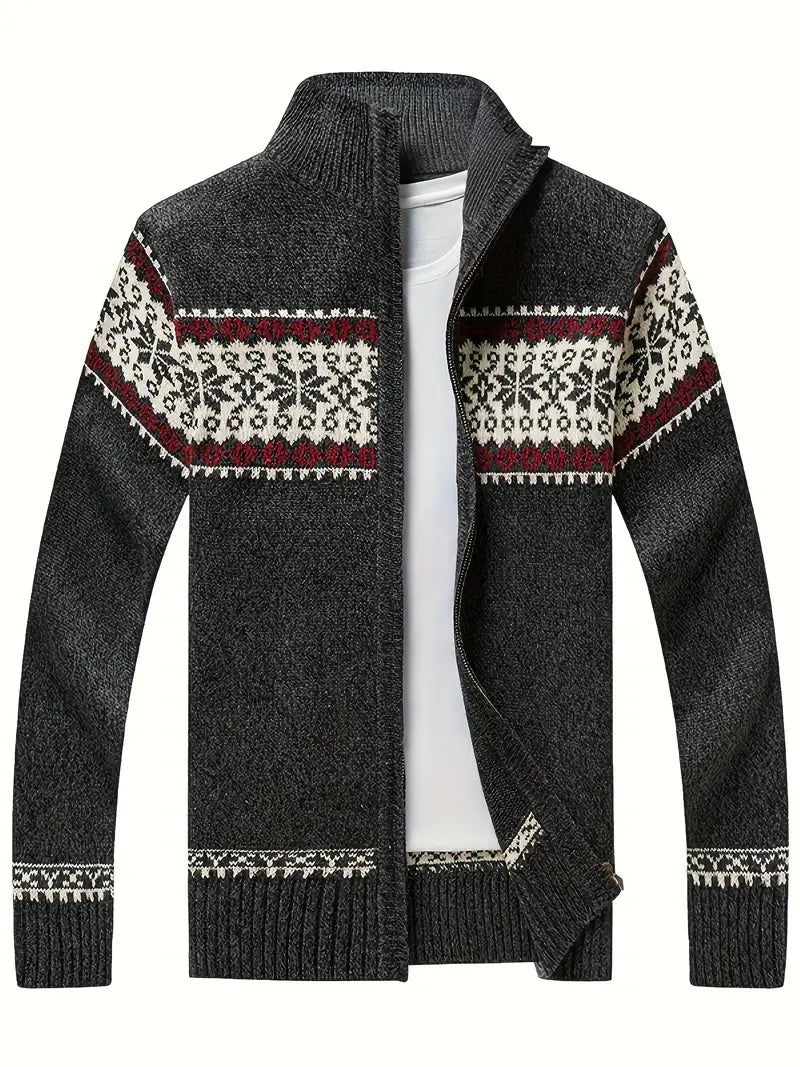 Knit Cardigan - Men's Warm Winter Snowflake Zip Cardigan-Cardigan-Chaps of London-Dark Gray-S-Chaps of London