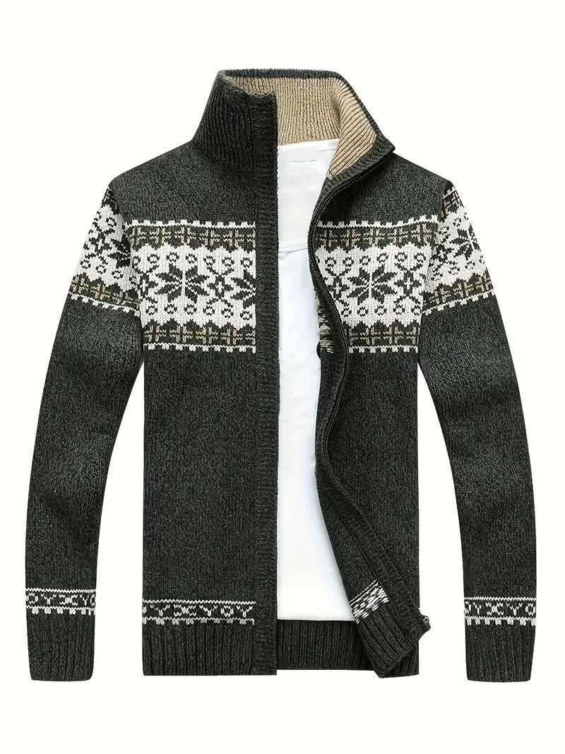 Knit Cardigan - Men's Warm Winter Snowflake Zip Cardigan-Cardigan-Chaps of London-Green-S-Chaps of London