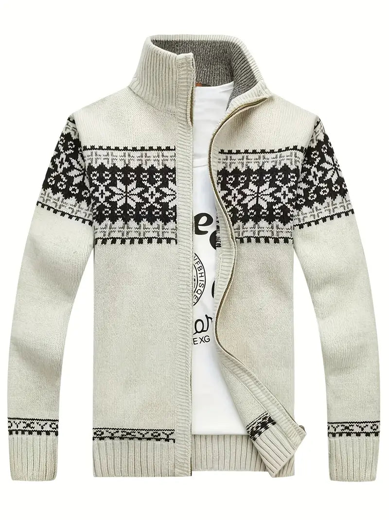 Knit Cardigan - Men's Warm Winter Snowflake Zip Cardigan-Cardigan-Chaps of London-White-S-Chaps of London