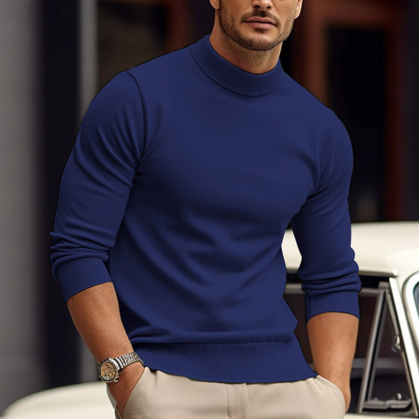 Knit Sweater - High Neck - Long Sleeve - Roll Neck Jumper - Men's Jumper-Trui man-Chaps of London-Blue-XS-Chaps of London