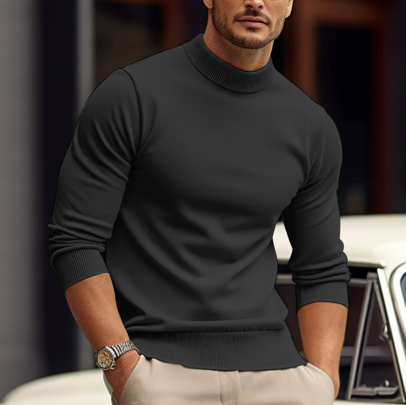 Knit Sweater - High Neck - Long Sleeve - Roll Neck Jumper - Men's Jumper-Trui man-Chaps of London-Gray-XS-Chaps of London