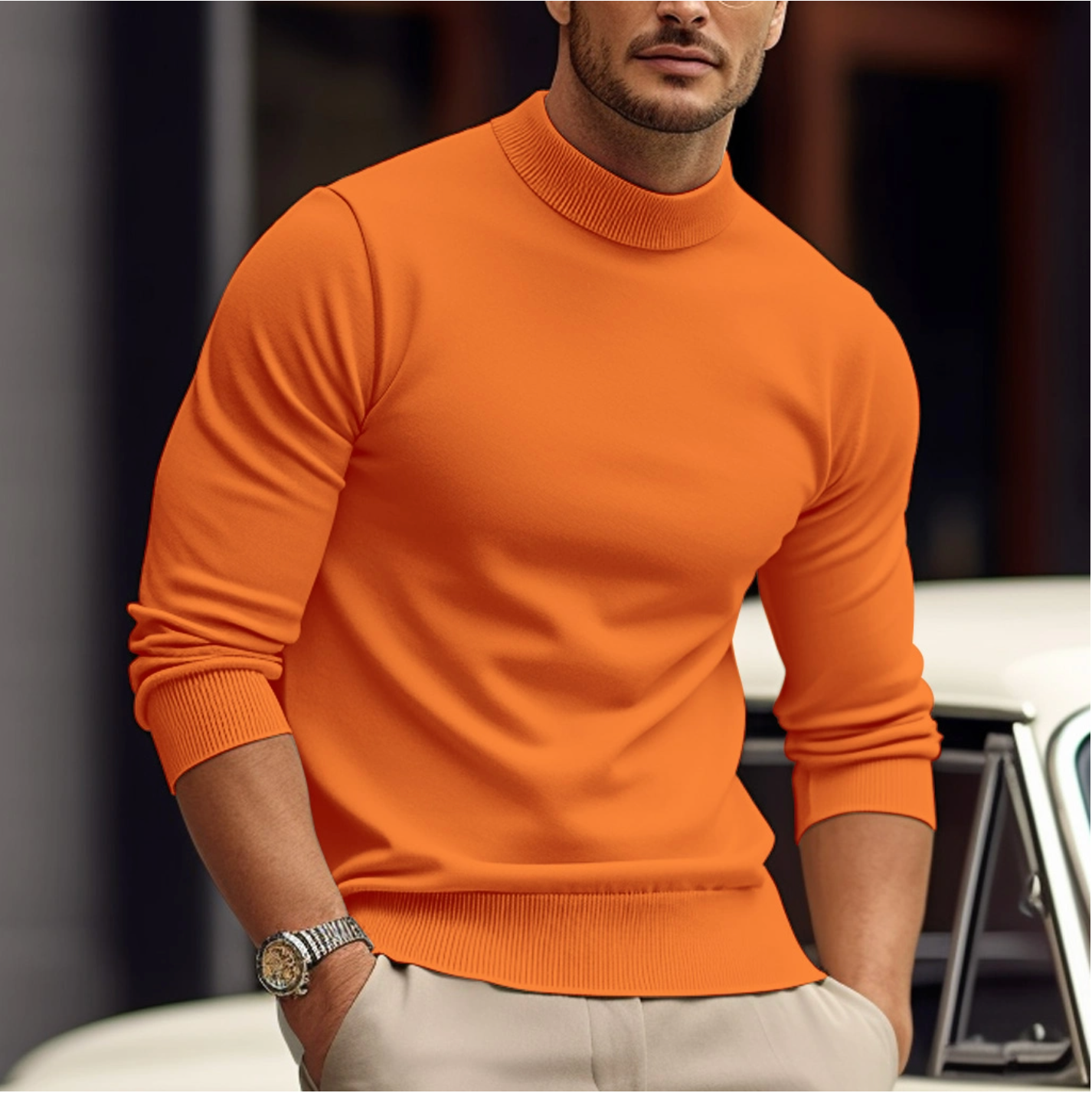 Knit Sweater - High Neck - Long Sleeve - Roll Neck Jumper - Men's Jumper-Trui man-Chaps of London-Orange-XS-Chaps of London
