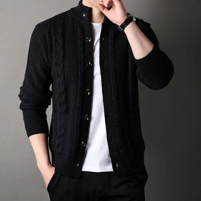 Knitted Cardigan | Button-Up | Cable Knit | Cardigan Jacket | Men's Cardigan-Chaps of London-Black-M-Chaps of London