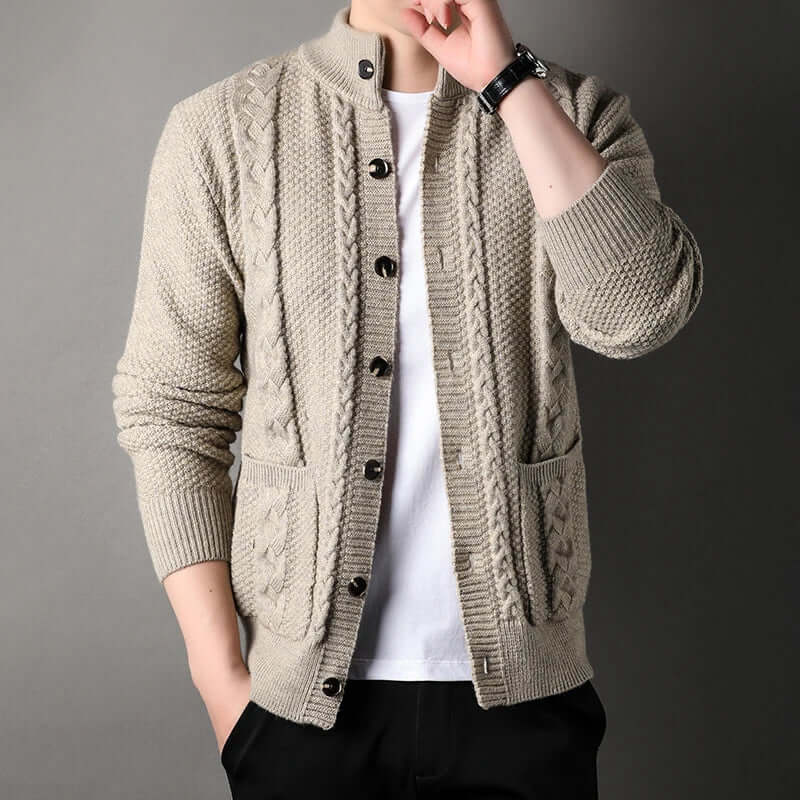 Knitted Cardigan | Button-Up | Cable Knit | Cardigan Jacket | Men's Cardigan-Chaps of London-Khaki-M-Chaps of London