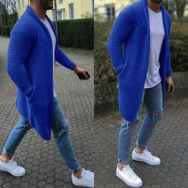Knitted Cardigan | Casual | Open Front | Long Cardigan | Men's Cardigan-Long Cardigan-Chaps of London-Blue-M-Chaps of London