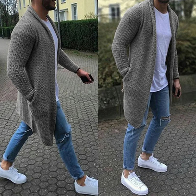 Knitted Cardigan | Casual | Open Front | Long Cardigan | Men's Cardigan-Long Cardigan-Chaps of London-Gray-M-Chaps of London