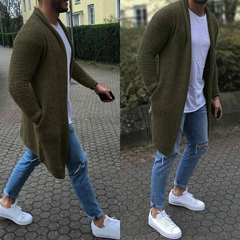 Knitted Cardigan | Casual | Open Front | Long Cardigan | Men's Cardigan-Long Cardigan-Chaps of London-Green-M-Chaps of London