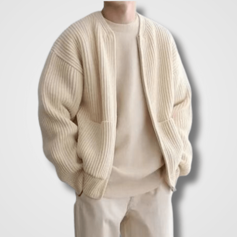 Knitted Cardigan | Full Zip | Chunky | Zip-Up Cardigan | Men's Cardigan-Strickwaren-Chaps of London-Beige-S-Chaps of London