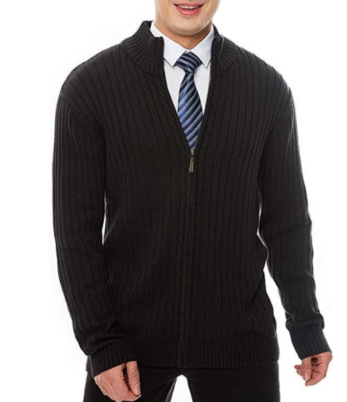 Knitted Cardigan - Full Zip - Rib Knit - Zip-Up Cardigan - Men's Cardigan-Sweater-Chaps Herrenmode-Black-S-Chaps of London