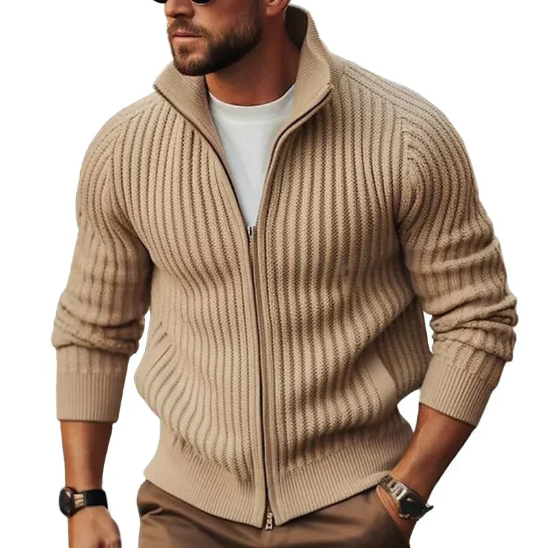 Knitted Cardigan - Full Zip - Rib Knit - Zip-Up Cardigan - Men's Cardigan-Sweater-Chaps Herrenmode-Brown-S-Chaps of London