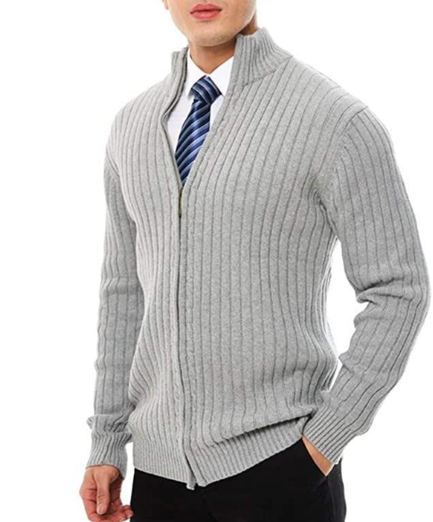 Knitted Cardigan - Full Zip - Rib Knit - Zip-Up Cardigan - Men's Cardigan-Sweater-Chaps Herrenmode-Gray-S-Chaps of London