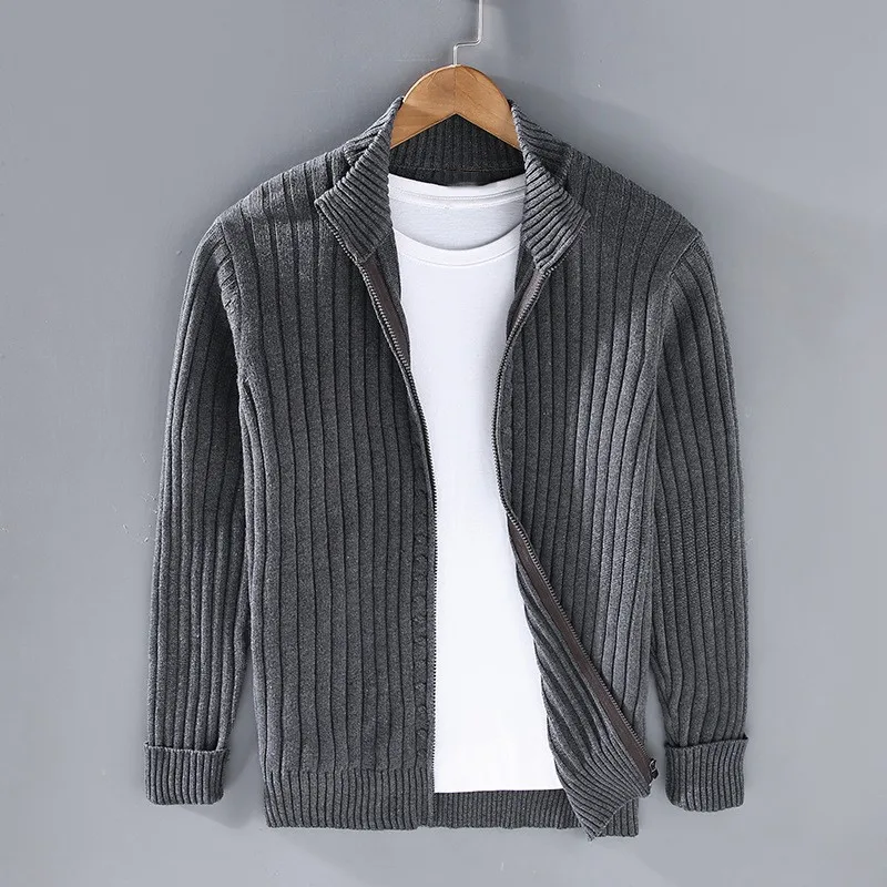 Knitted Cardigan - Men's Casual Rib Knit Zip-Up Cardigan -Chaps of London-Dark Gray-M-Chaps of London