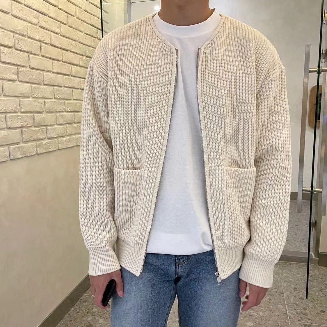 Knitted Cardigan - Men's Chunky Full Zip-Up Cardigan with Pockets-Chaps of London-Chaps of London