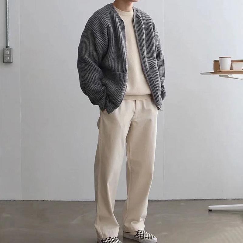 Knitted Cardigan - Men's Chunky Full Zip-Up Cardigan with Pockets-Chaps of London-Gray-S-Chaps of London