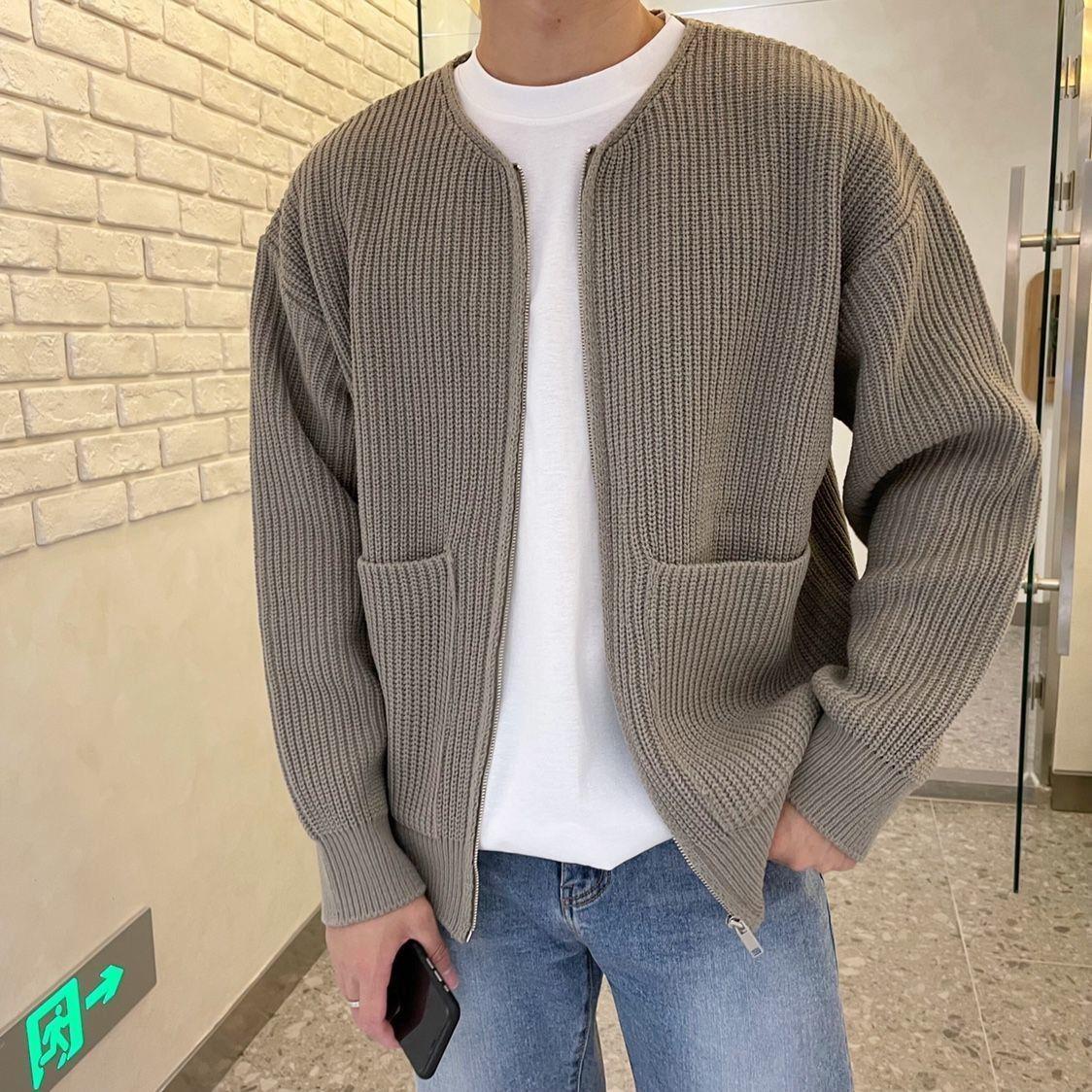 Knitted Cardigan - Men's Chunky Full Zip-Up Cardigan with Pockets-Chaps of London-Khaki-S-Chaps of London