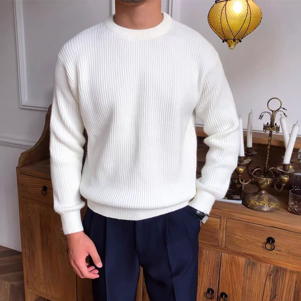 Knitted Jumper - Warm - Rib Knit - Knitted Sweater - Men's Knitwear-Chaps of London-White-S-Chaps of London