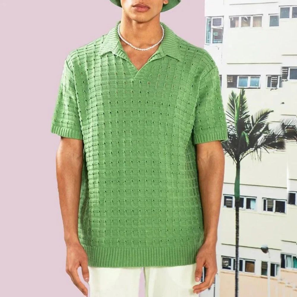 Knitted Polo Tshirt - Men's Loose Fit Short Sleeve Collared Polo Shirt-Polo Shirt-Chaps of London-Green-M-Chaps of London