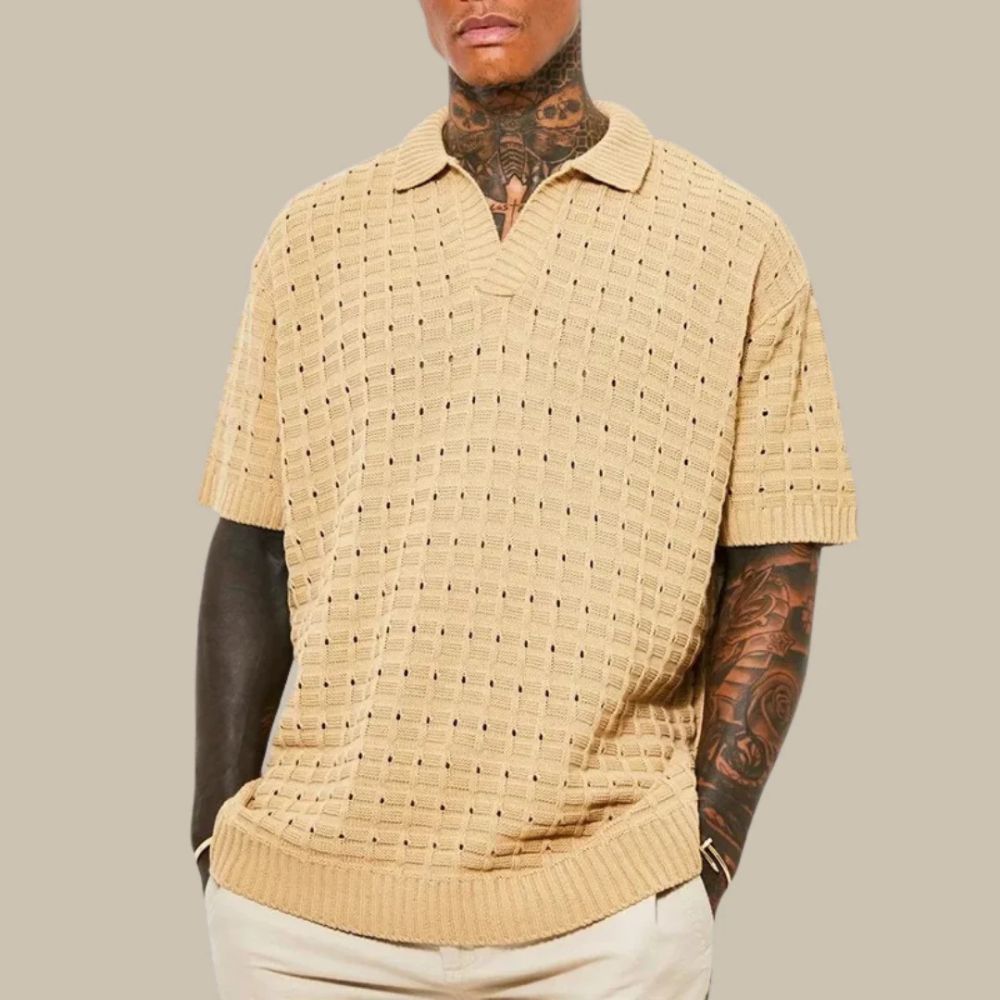 Knitted Polo Tshirt - Men's Loose Fit Short Sleeve Collared Polo Shirt-Polo Shirt-Chaps of London-Khaki-M-Chaps of London