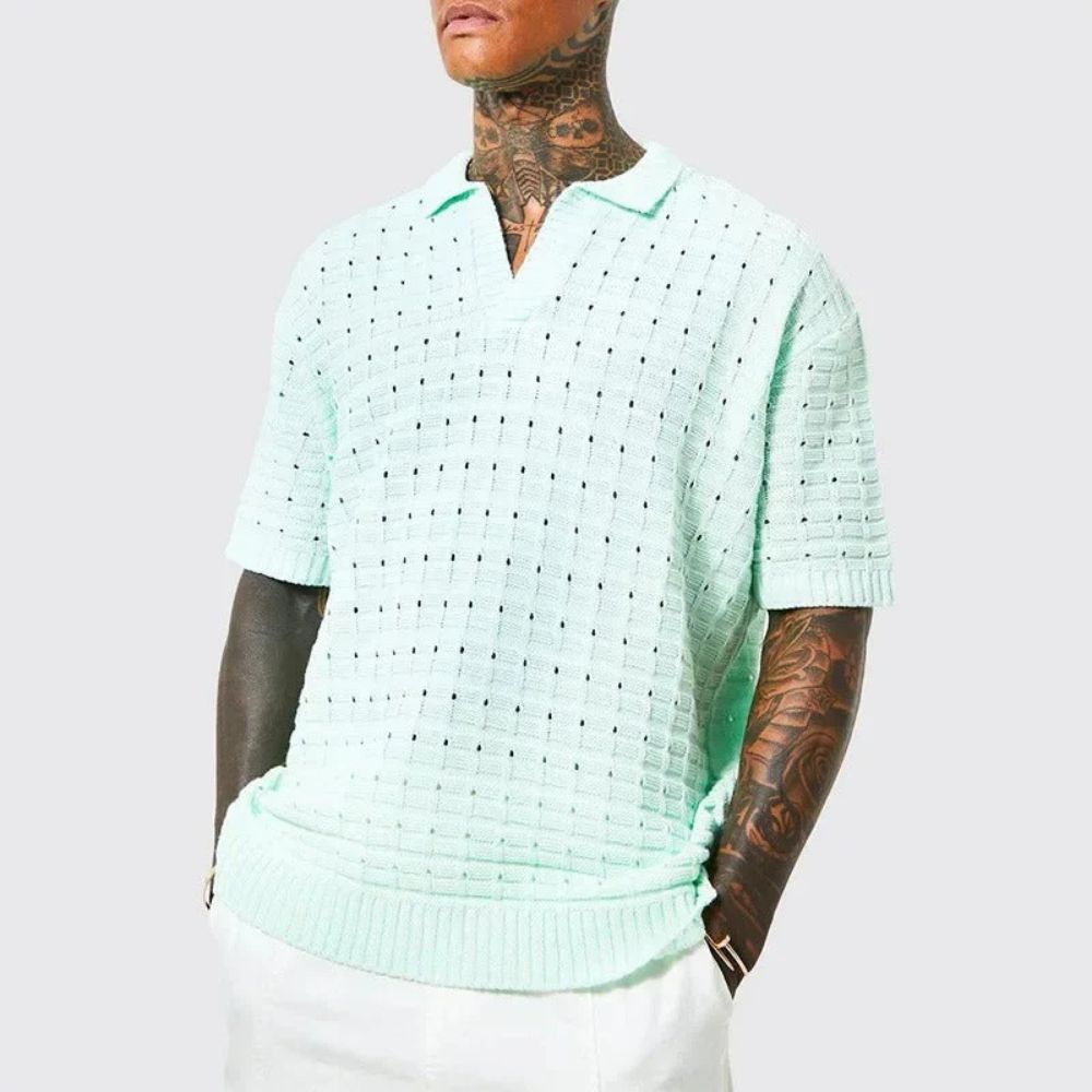 Knitted Polo Tshirt - Men's Loose Fit Short Sleeve Collared Polo Shirt-Polo Shirt-Chaps of London-Light Blue-M-Chaps of London