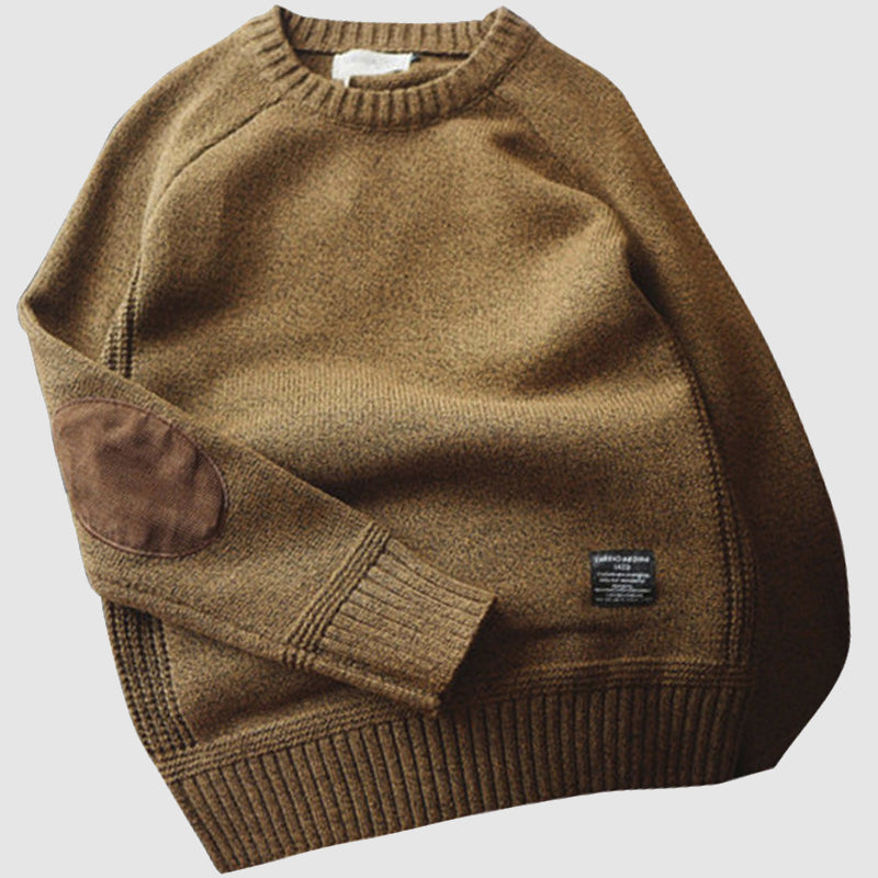 Knitted Sweater - Men's Cashmere Winter Sweater with Elbow Patches-Chaps of London-Khaki-M-Chaps of London