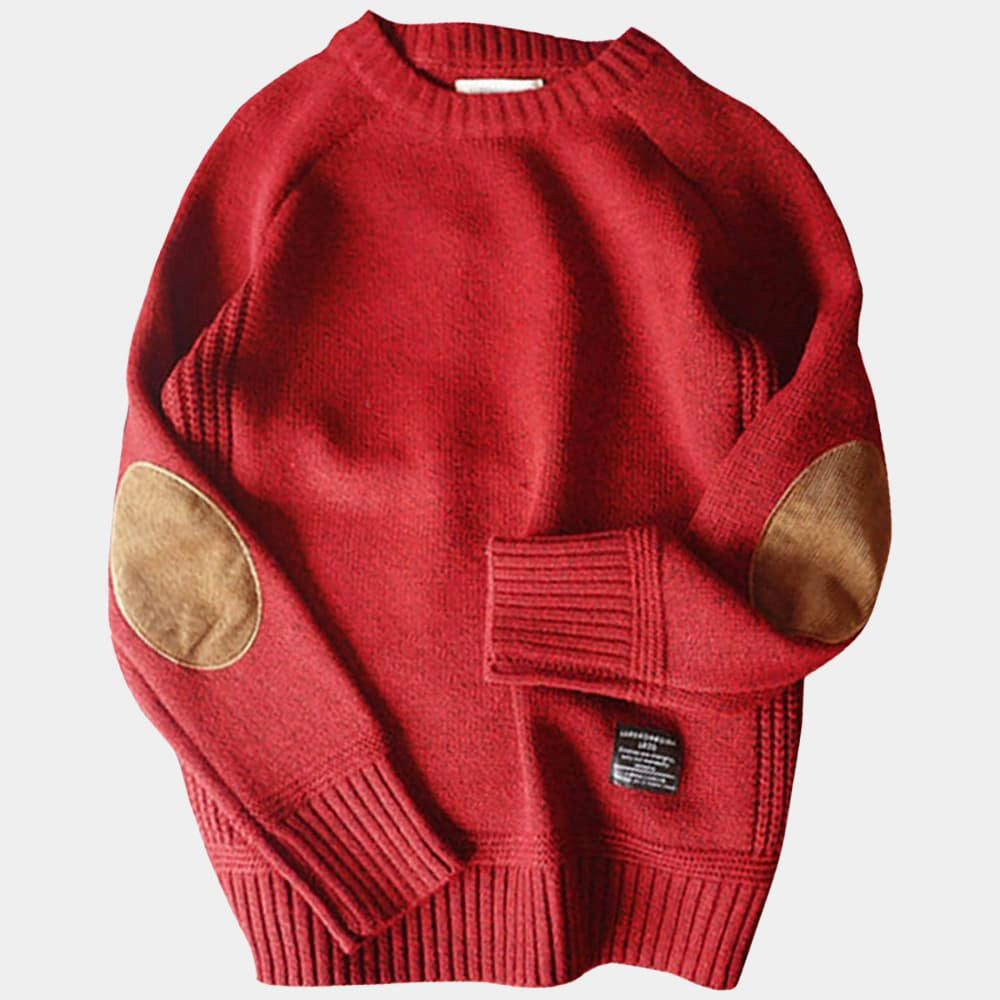 Knitted Sweater - Men's Cashmere Winter Sweater with Elbow Patches-Chaps of London-Red-M-Chaps of London