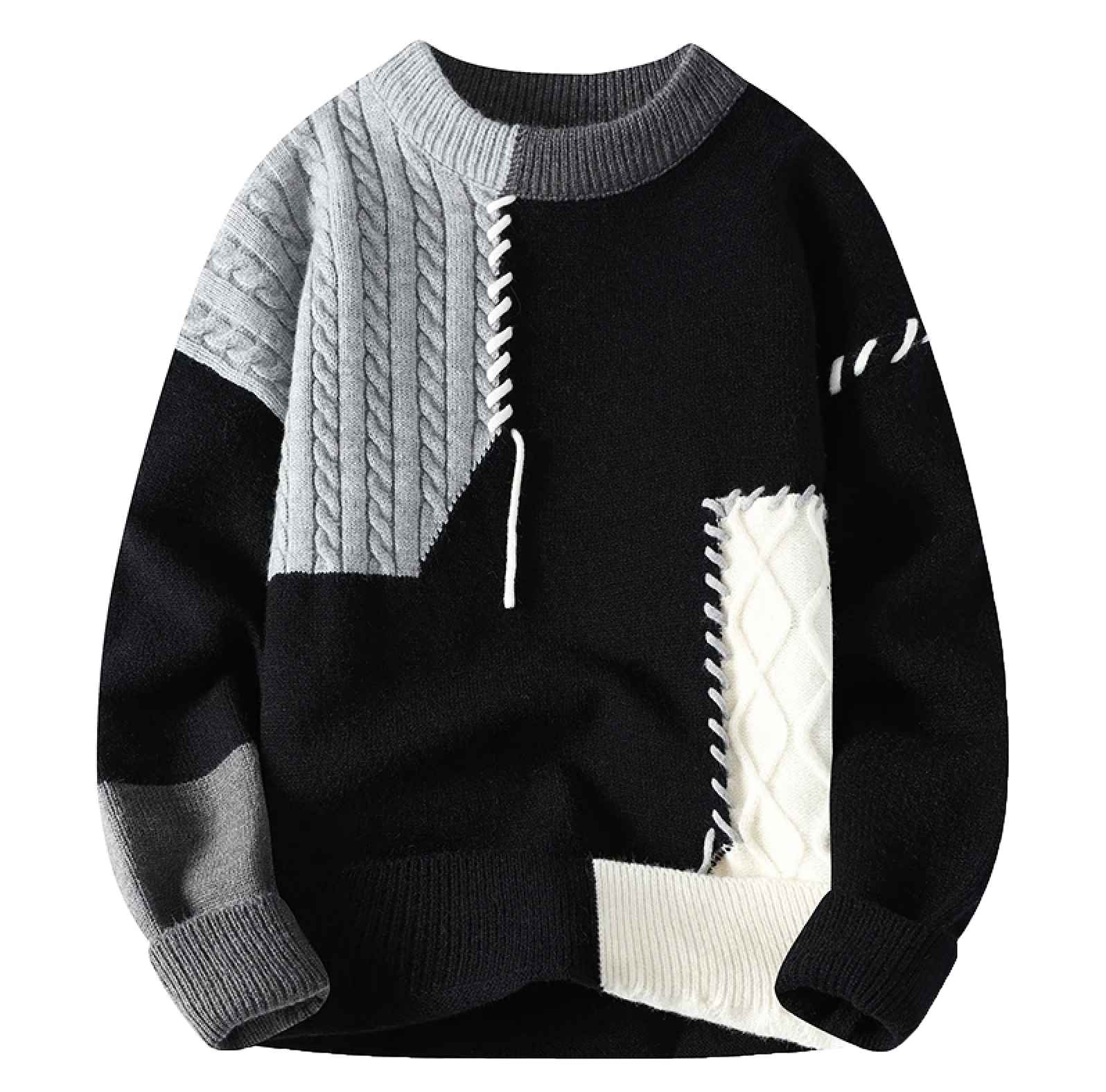 Knitted Sweater - Patchwork - Loose Fit - Pullover Sweater - Men's Knitted Jumper-Men's Long Sleeves-Chaps of London-Black-S-Chaps of London