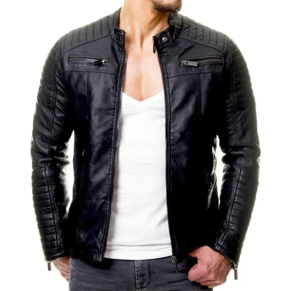 Leather Jacket - Men's Windproof Zip-Up Leather Biker Jacket-Men Jackets-Chaps of London-Black-S-Chaps of London