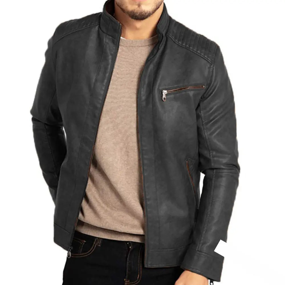 Leather Jacket - Men's Windproof Zip-Up Leather Biker Jacket-Men Jackets-Chaps of London-Chaps of London