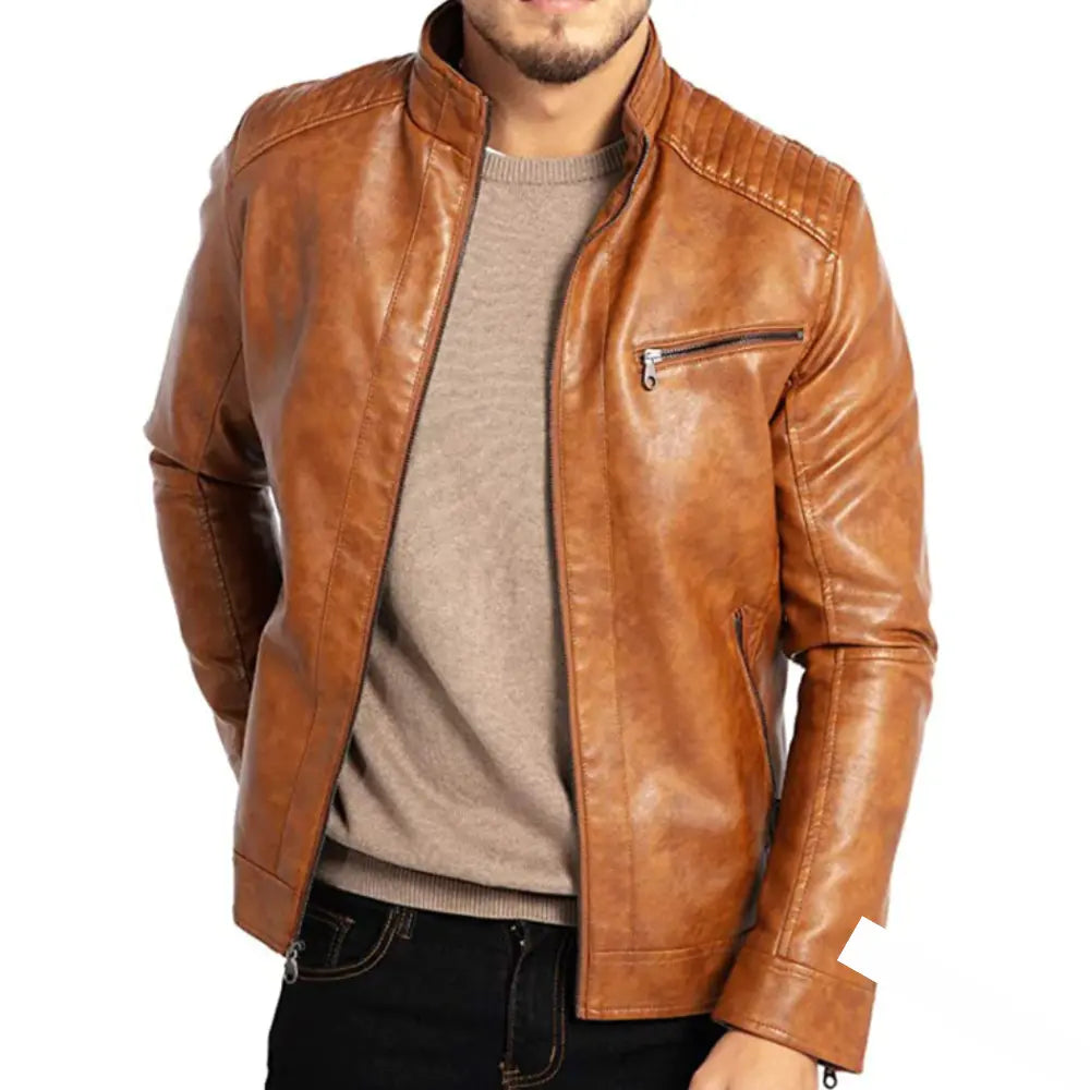 Leather Jacket - Men's Windproof Zip-Up Leather Biker Jacket-Men Jackets-Chaps of London-Chaps of London