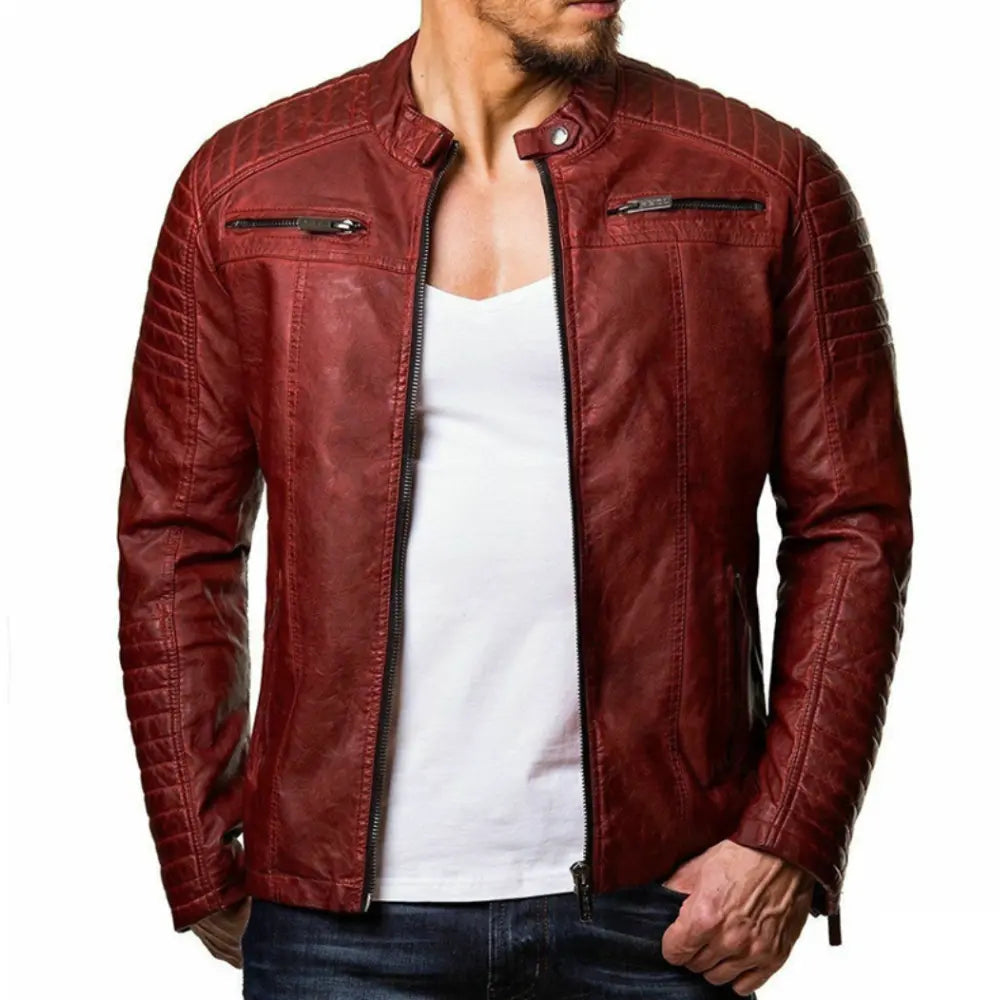 Leather Jacket - Men's Windproof Zip-Up Leather Biker Jacket-Men Jackets-Chaps of London-Red-S-Chaps of London