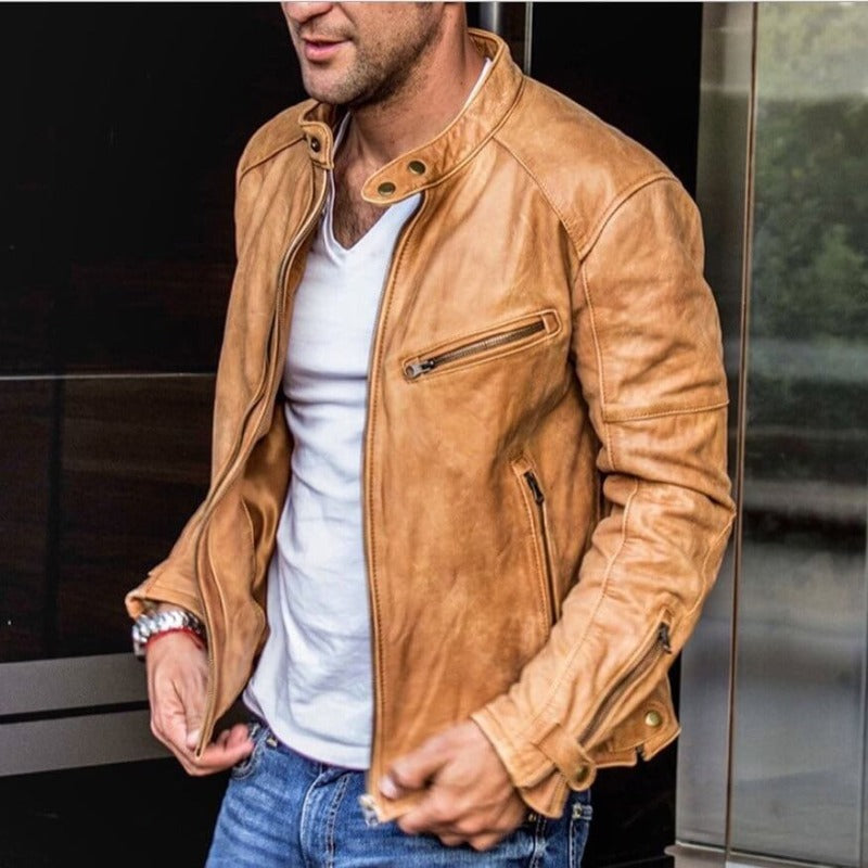 Leather Jacket | Retro | Zip-Up | Biker Jacket | Men's Jacket-Jackets-Chaps of London-Beige-S-Chaps of London