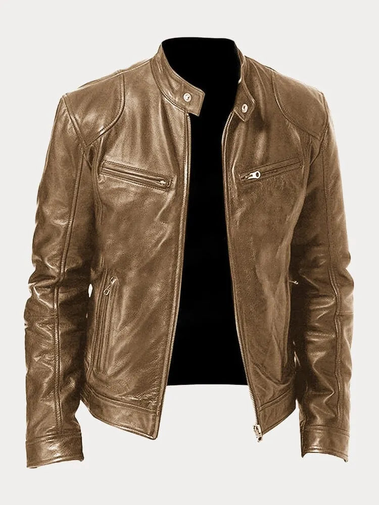 Leather Jacket | Zip-Up | Regular Fit | Biker Jacket | Men's Leather Jacket -Men’s Leather Jacket-Chaps of London-Khaki-S-Chaps of London