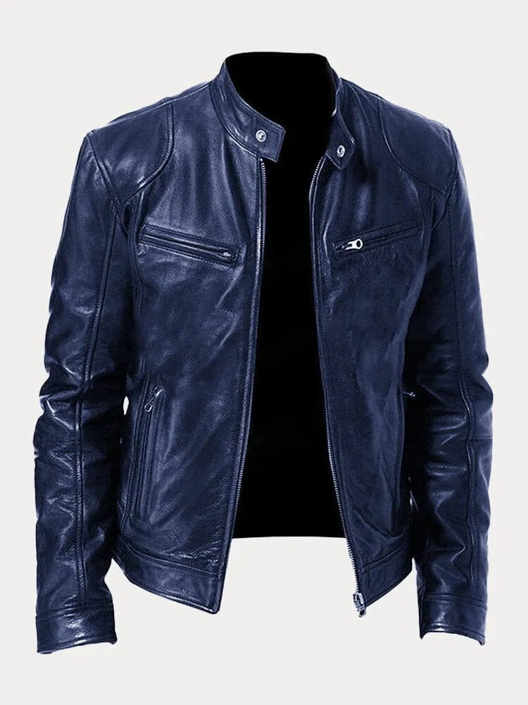 Leather Jacket | Zip-Up | Regular Fit | Biker Jacket | Men's Leather Jacket -Men’s Leather Jacket-Chaps of London-Navy Blue-S-Chaps of London