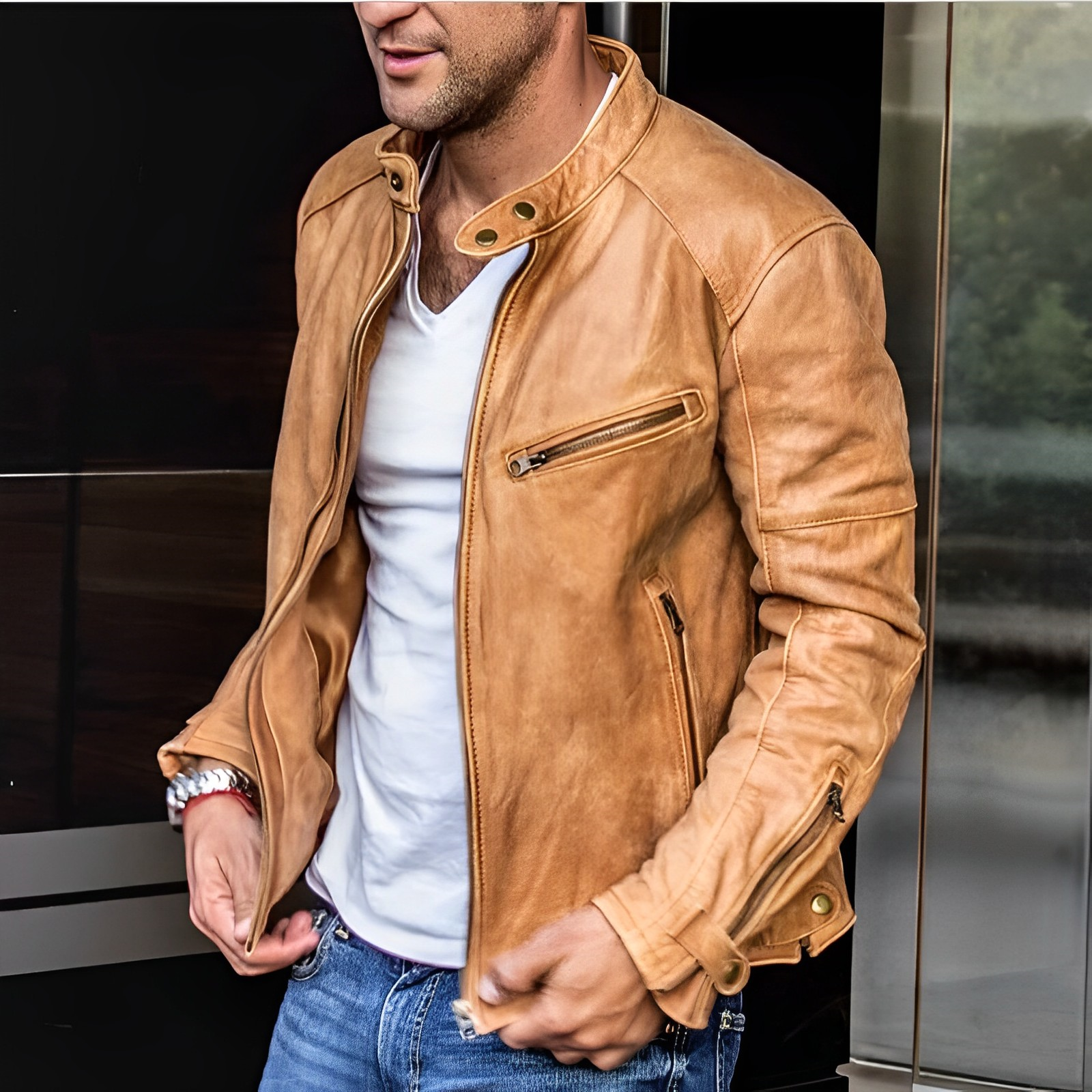 Leather Jacket - Zip-Up - Vintage - Biker Jacket - Men's Leather Jackets-Jassen_M-Chaps of London-Beige-XS-Chaps of London