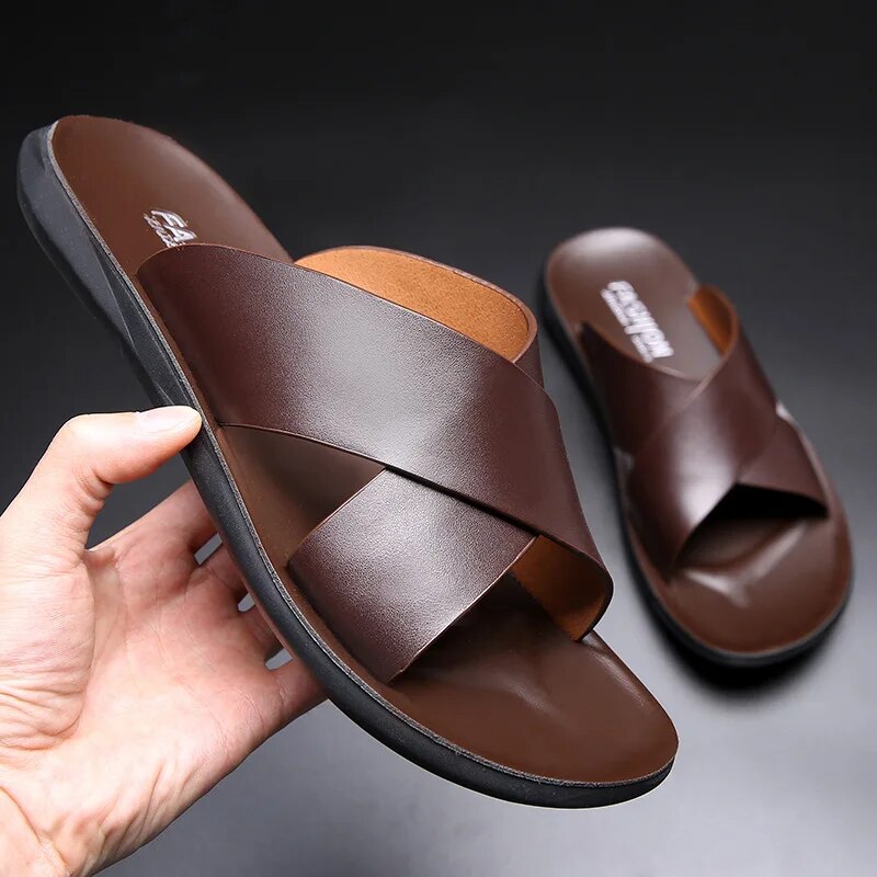 Leather Slides | Summer | Slip-On | Leather Slippers | Men's Sandals-Sandalen man-Chaps of London-Brown-39-Chaps of London