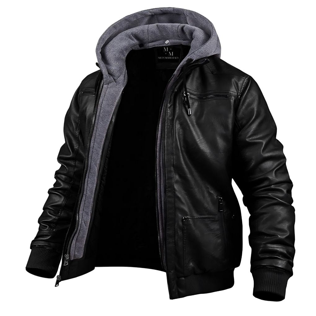 Leather jacket - Winter leather bomber jacket with hood and zipper for men-coat jacket men-Chaps of London-Black-S-Chaps of London