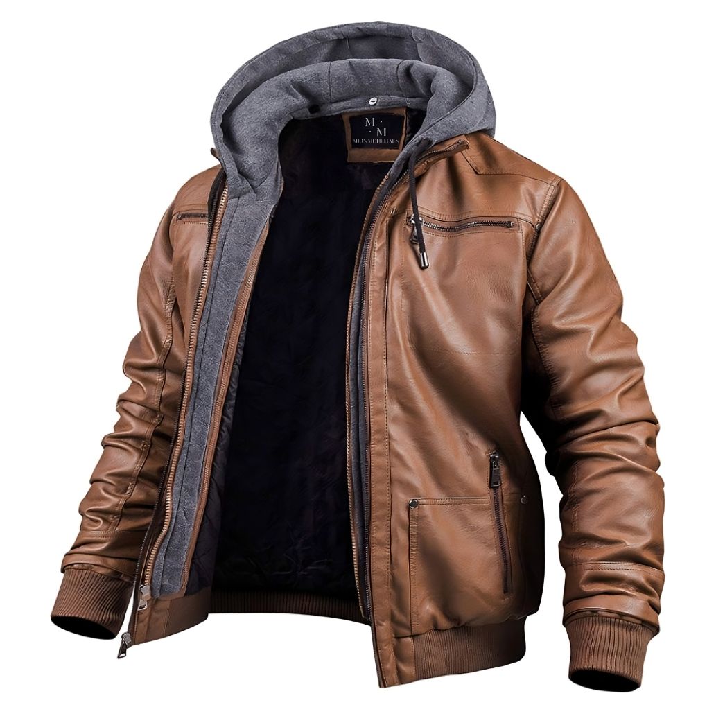 Leather jacket - Winter leather bomber jacket with hood and zipper for men-coat jacket men-Chaps of London-Brown-S-Chaps of London