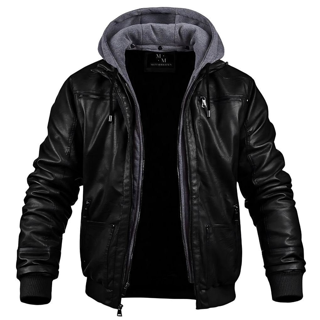 Leather jacket - Winter leather bomber jacket with hood and zipper for men-coat jacket men-Chaps of London-Chaps of London