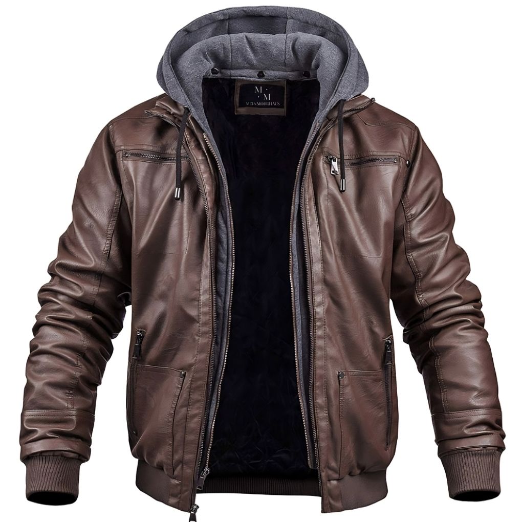 Leather jacket Winter leather bomber jacket with hood and zipper for Chaps of London