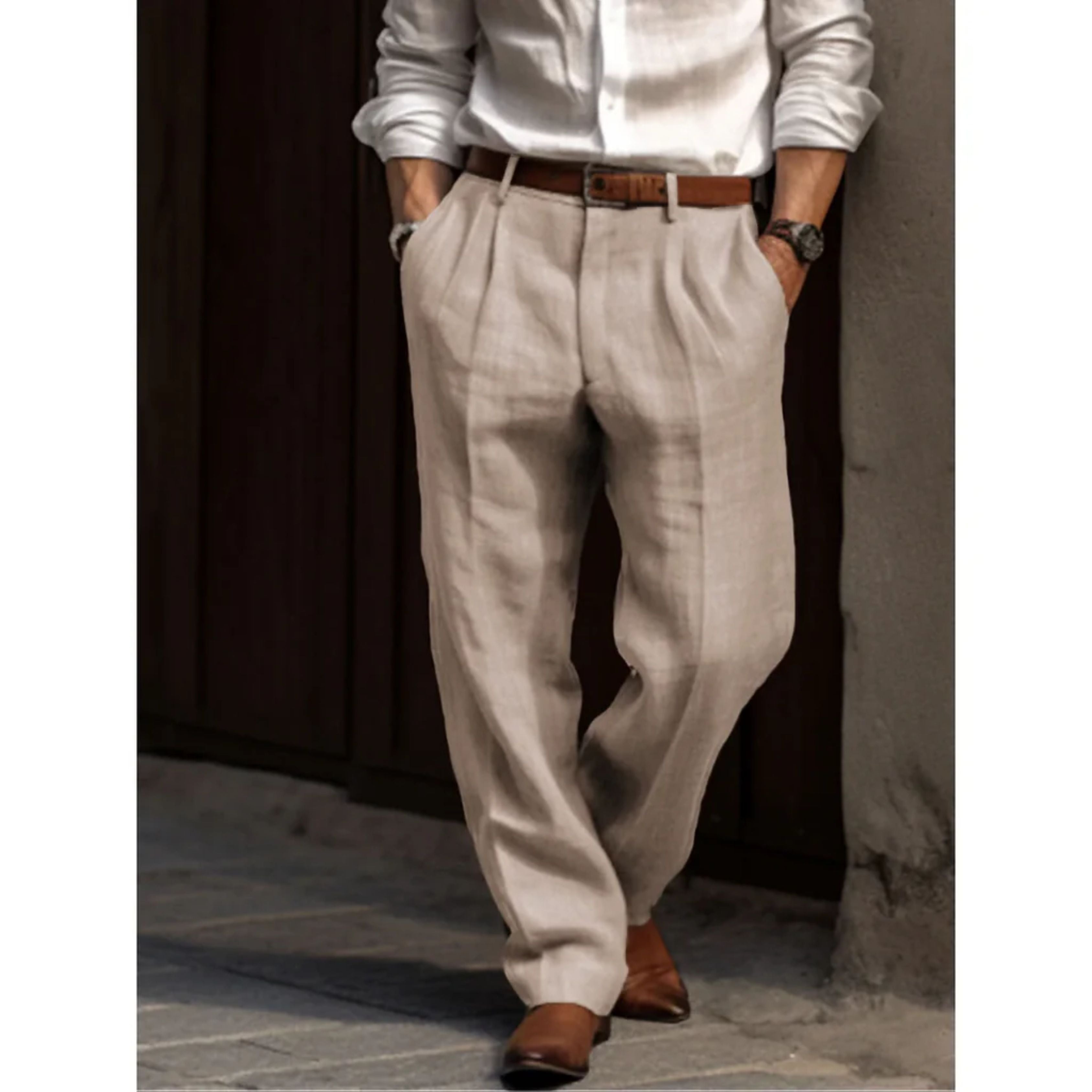 Linen Pants - Relaxed Fit - Summer - Pleated Trousers - Men's Trousers-Trousers-Chaps of London-Beige-S-Chaps of London
